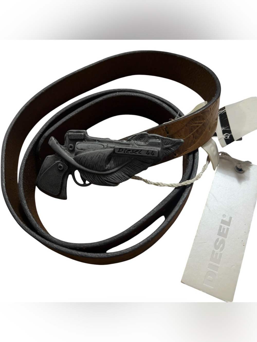 Diesel Brown Leather Belt with Black Sculpted Pistol & Feather Buckle